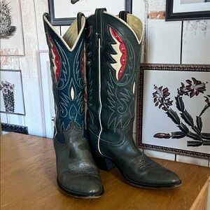 ACME Brand Vintage Cowboy Boots with Red and Blue Details